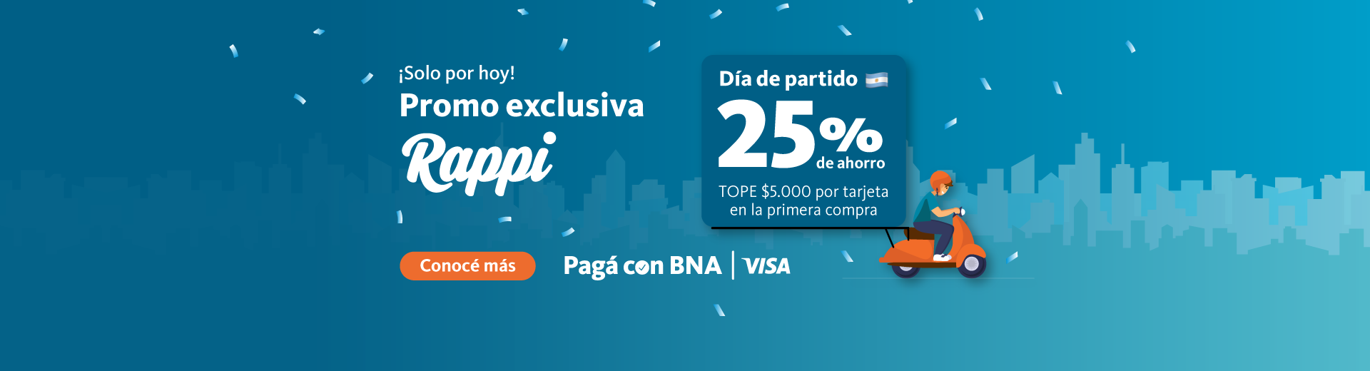 Solo por hoy Promo exclusiva rappi día de partido 25porciento con tope de cinco mil por tarjeta en la primera cuota. Comprá con BNA, hacé clic en el enlace para conocer más