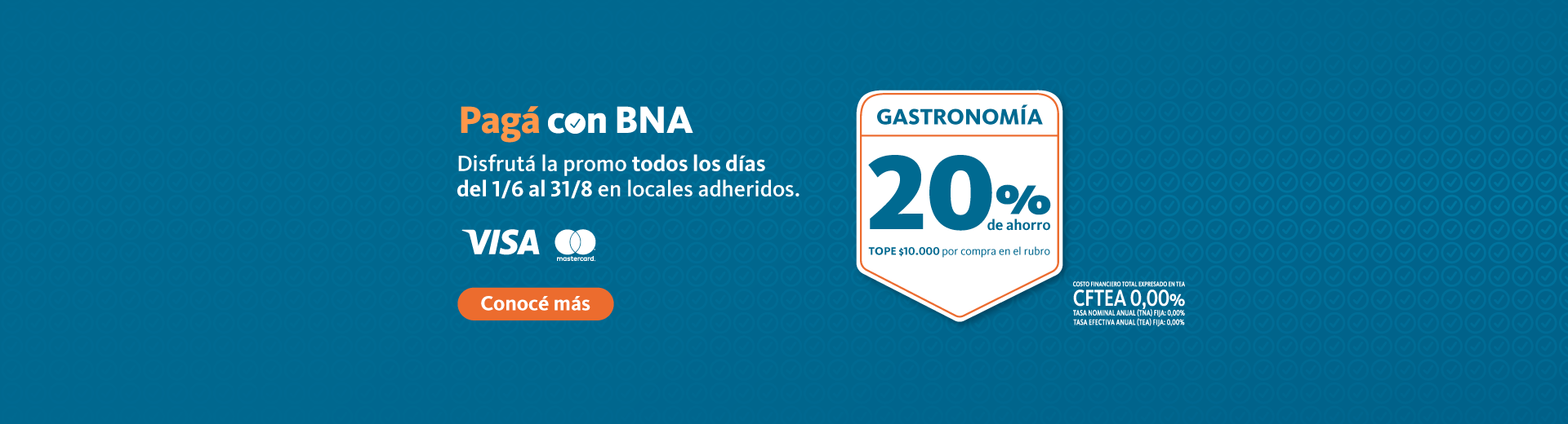Pagá con BNA, disfrutá la promo todos los días del primero de junio al treinta y uno de de agosto. Tenés 25 porciento en gastronomía hacé clic acá para conocer más.